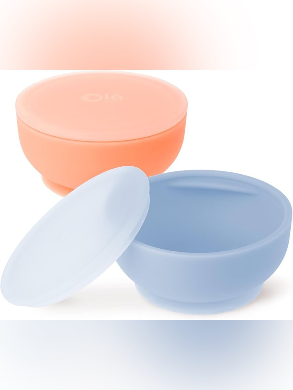Set of Two Olababy Silicone Suction Bowls with Lids (Coral and Blueberry)